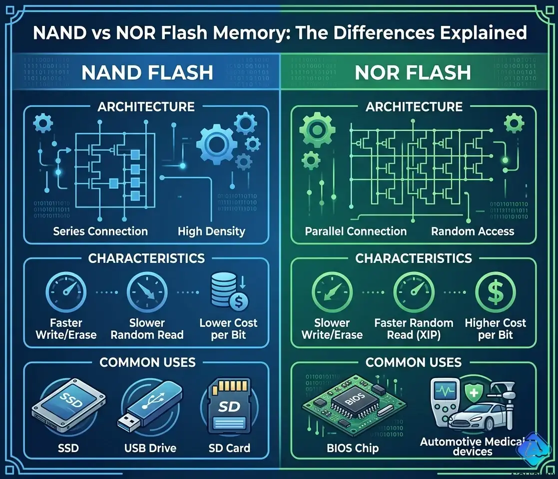 NAND vs NOR Flash: Key Differences, Architecture & Applications